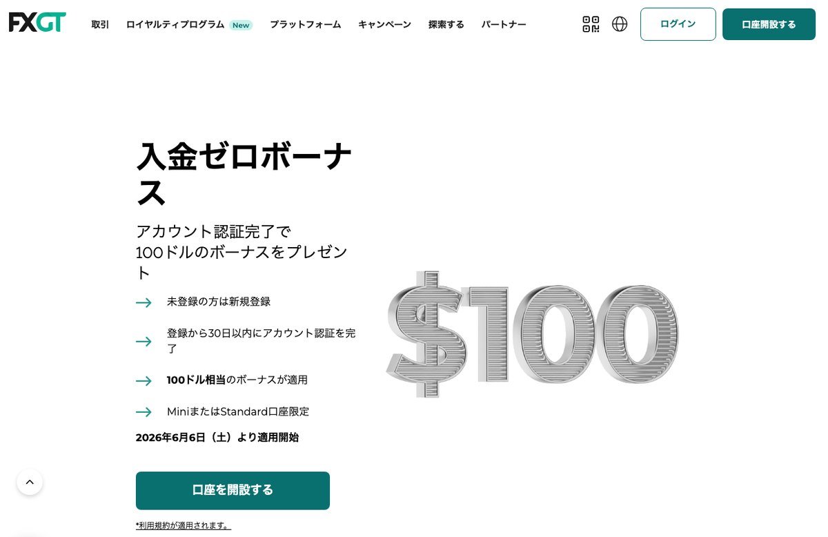 FXGTの入金ゼロボーナス100ドル相当